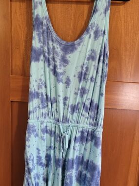 Beach Break Tie-Dye Scoop Neck Romper in Aqua and Indigo